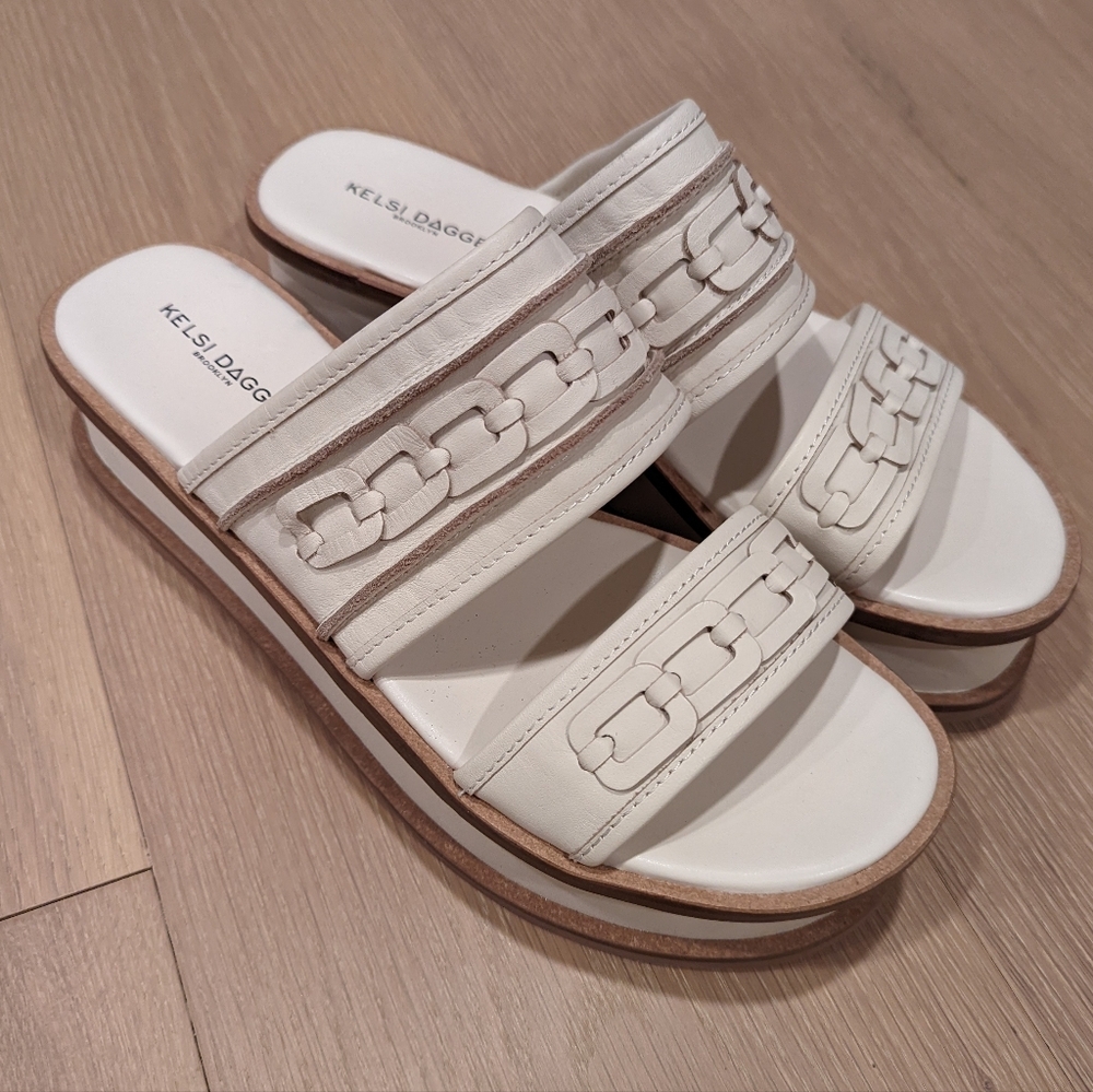 Anthropologie White Leather Chain-Trim Slide Sandals